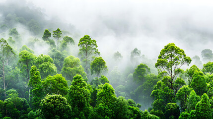 Lush eucalyptus forests shrouded in mist create serene and tranquil atmosphere. vibrant green trees rise majestically, enveloped in soft fog, enhancing natural beauty