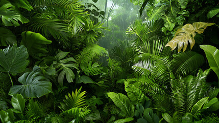 Fototapeta premium Lush tropical forest vegetation with vibrant green leaves and ferns, creating serene and tranquil atmosphere. dense foliage showcases nature beauty and diversity