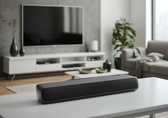 A blank soundbar packaging box mock-up, displayed in a modern living room setup 3d illustration brand mock-up template.