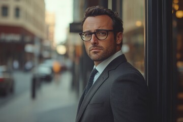Fototapeta premium Portrait of confident businessman wearing suit and eyeglasses standing near office building in city