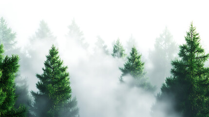 Obraz premium Dense evergreen trees rise above blanket of mist, creating serene and tranquil atmosphere. fog envelops forest, enhancing natural beauty and mystery of landscape