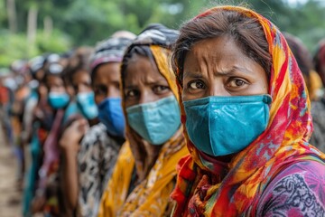 Refugees wearing protective masks are waiting in line for food or medical assistance