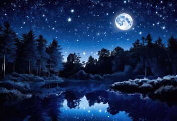 Fototapeta premium mesmerizing moonlit landscape featuring silhouetted trees starry night sky, stars, shadows, wilderness, nature, beauty, celestial, environment, outdoor