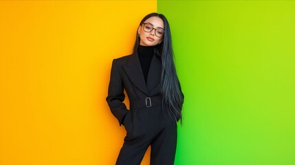 A woman in a black suit and glasses standing against a yellow and green background