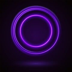 Light circle background with purple light neon effect. Light glowing circle line of neon effect. Space tunnel. Ellipse shimmery color. Blue shiny glitter. Neon blurry circles at motion. Purple ring