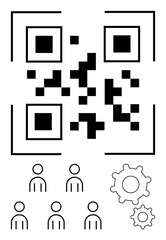 QR code five human icons, and two gears. Ideal for tech integration, teamwork, communication, collaboration, innovation, digital transformation, productivity. Line metaphor
