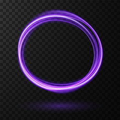 Shiny Purple Neon Circle: Glowing Round Light Frame with Motion and Speed Lines for Modern Graphics. Neon circle frame. Illuminate frame design. Round neon border. Glitter magic sparkle swirl trail.