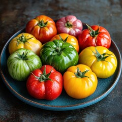 Fototapeta premium A vibrant assortment of heirloom tomatoes in various colors resting on a blue ceramic plate, perfect for food photography, cooking blogs, or promoting fresh organic produce,