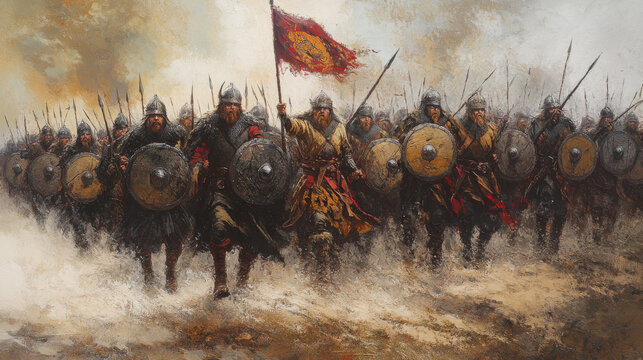 Shot of Advancing Army of Viking Warriors. Medieval Reenactment.