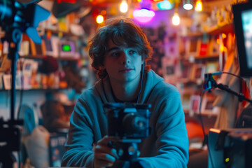 Obraz premium Aspiring Filmmaker Working with Professional Equipment