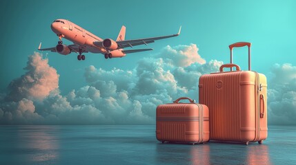 Luggage and planes placed on a passport for creating advertising media about tourism, with all objects on a blue background, featuring a modern 3D design for travel and transport concepts.