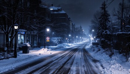 Obraz premium Snow Covered Street in Quiet Winter Night Town
