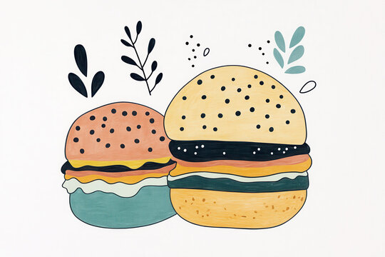 Illustration of colorful artistic burgers with whimsical design elements and botanical touches