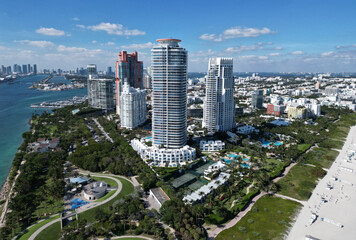 Naklejka premium Cityscape landscape of South Beach. Florida panorama. Skyscraper architecture of Miami. Luxurious vacation. Miami South beach landscape aerial view. Aerial Miami skyscraper. Aerial Miami south beach