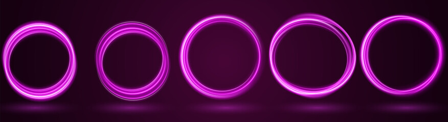 Light Purple Neon Ring: Circular Glow with Movement and Speed Effect for Dynamic Visuals and Web Design. Futuristic graphic element for social media stories. Ellipse shimmery color. Swirl effect curve