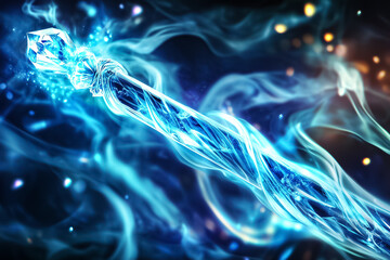 Naklejka premium A glowing blue crystal staff shines softly, veiled in magical smoke in a fantasy realm