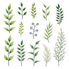 The image shows collections of plants. They are made in the same style, differ in simple lines and monochrome colors. The color palette includes shades of green with a yellowish-green base.