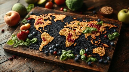 Marking World Food Day with a lively exhibition of international produce displayed on a world map.