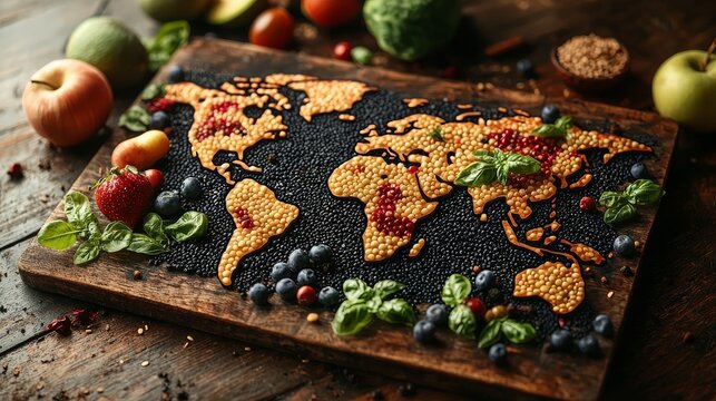 Marking World Food Day with a lively exhibition of international produce displayed on a world map.