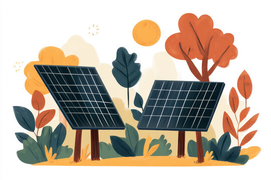 Illustration of solar panels in a colorful autumn landscape with bright sun and foliage