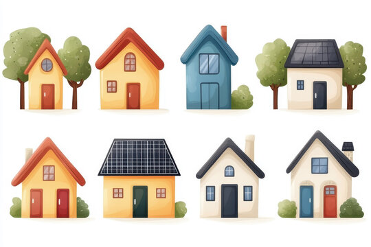 Cartoon style houses with various roof designs and solar panels in a colorful playful setting