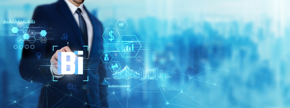 .BI: Businessman holding business intelligence. Digital technology era of future. Analytics technology of deep learning, data-driven decision-making, insights generation concept.