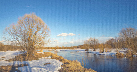 Snowy landscape with a river and trees