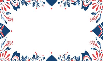 Fototapeta premium Blue and red geometric pattern frame border with a white background, flat design style symmetrical arrangement, red accent color, blue primary shape in the center of each corner Generative AI