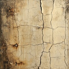 Obraz premium A close-up of an aged, cracked wall surface showcasing peeling paint and uneven texture, ideal for backgrounds in distressed design themes, renovations, or artistic projects,