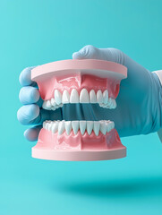 Obraz premium Dental model of teeth held by gloved hand 