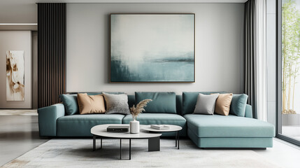 Fototapeta premium Interior design of modern living room with turquoise sofa and abstract art 