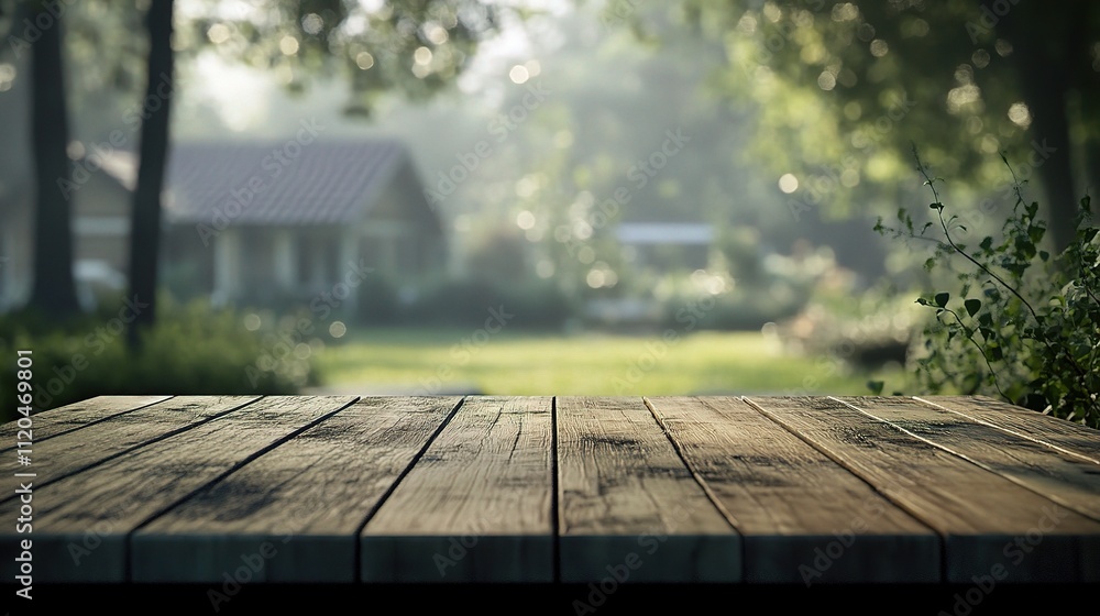 Poster empty wooden table in abstract green garden setting with soft light