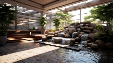 A photo of a waiting area with a water feature.