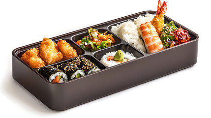 Japanese bento box featuring sushi, tempura, rice, and salad, beautifully arranged for delightful meal experience. Perfect for food lovers and culinary enthusiasts