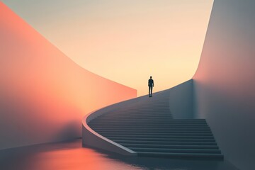 A lone silhouette ascending a set of futuristic stairs, set in an abstract environment with sweeping, minimalistic design