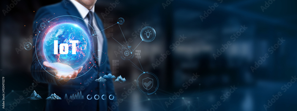 Poster .iot: businessman holds global network structure connecting devices, smart solutions, data integrati