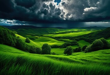 Obraz premium breathtaking landscapes showcasing vibrant storm clouds overlooking lush fields rolling hills under dramatic sky, atmosphere, beautiful, brightness