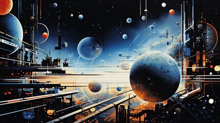 Illustration of a fantastic composition with planets and cosmic bodies and a city of the future