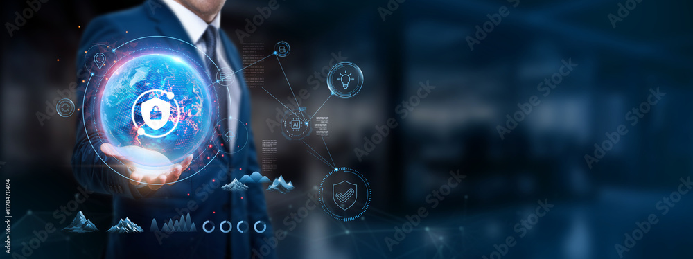 Poster cybersecurity: businessman holds global network structure to ensure data protection, prevent unautho