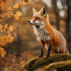 Obraz premium A beautiful red fox stands majestically atop a mossy rock, surrounded by vibrant autumn foliage, This image is perfect for nature-themed projects, educational materials, or wildlife articles,