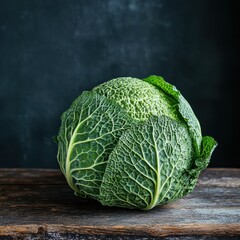 Fototapeta premium A fresh green cabbage sits on a rustic wooden table against a dark backdrop, perfect for cooking blogs, healthy eating articles, or farm-to-table concepts, Ideal for food photography,