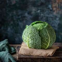 Fresh green cabbage sits on a rustic wooden table, showcasing its textured leaves against a dark backdrop, Ideal for culinary blogs, health-related content, or farm-to-table themes,