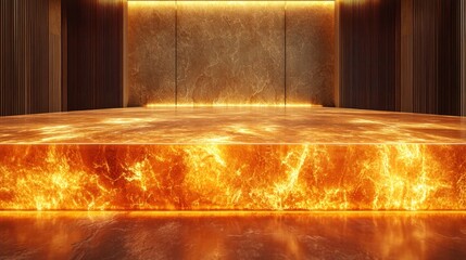 Illuminated amber marble platform in luxury interior.