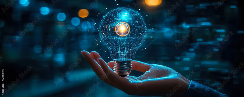 Poster innovative ai machine learning concept with hand holding brain data in light bulb