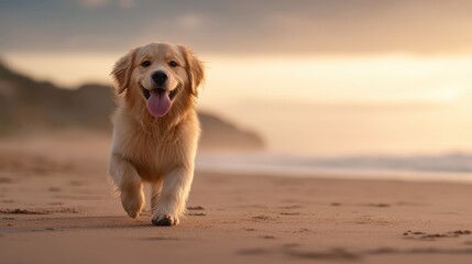 A joyful golden retriever runs along a sandy beach during sunset, showcasing an atmosphere of happiness and freedom, This image is ideal for pet-related promotions, blogs, and lifestyle articles,