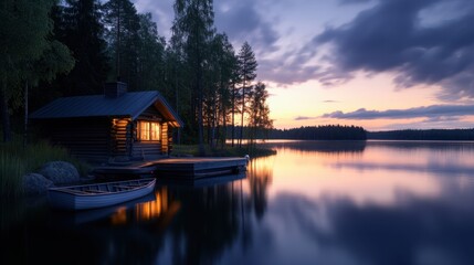 Obraz premium A serene lakeside scene depicting a cozy log cabin at dusk, with warm light glowing through the window and calm waters reflecting the colorful sky, Ideal for promotional materials related to travel