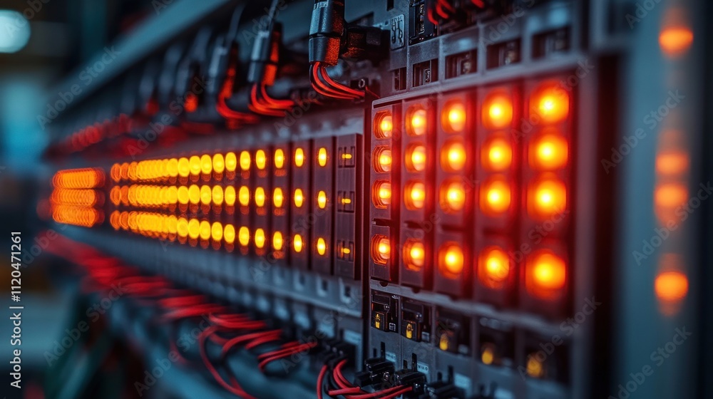 Poster illuminated server rack with glowing lights.