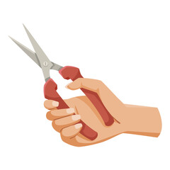 Hand gripping red-handled scissors, minimalistic flat art style, isolated on white background. Concept of tools and practical use. Vector illustration.