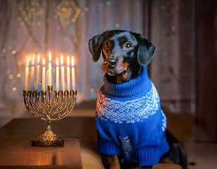 sweet black dog in blue sweater, relaxing by Hanukkah menorah with candles lit