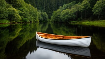 A serene scene featuring a white boat with a wooden interior floating on calm waters surrounded by lush greenery and tall trees, ideal for nature-related projects, relaxation themes